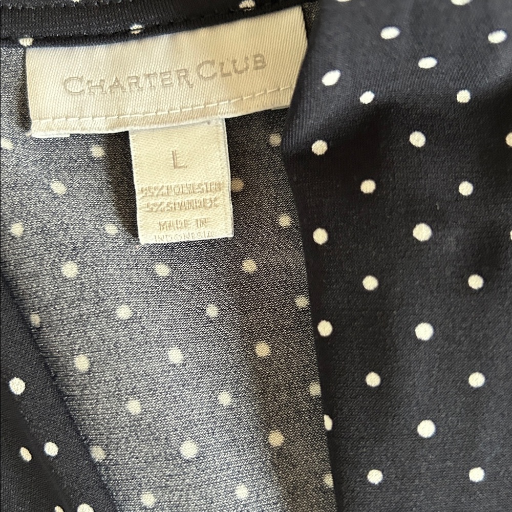 Style & Co. Blue Almost Black Wrap Top with Polka Dots & Gold Buckle, Size Large - Picture 3 of 4